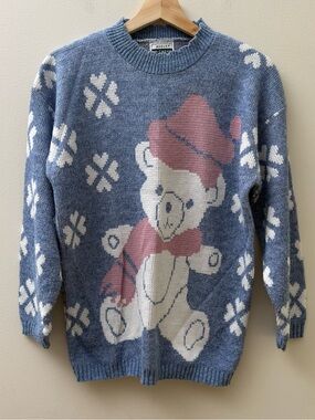Vintage Adele Knitwear Blue Teddy Sweater with Cream & Pink Accents